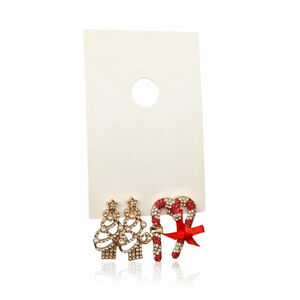 Christmas Tree Candy Cane and Trees Earrings Set of 2 Gold Red